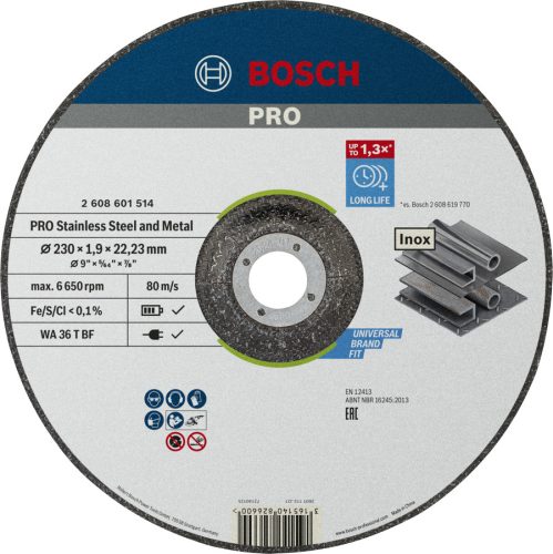 BOSCH 2608601514 Stainless Steel and Metal WA 36 R BF hajlított WA 36 R BF, 230 mm, 22,23 mm, 1,9 mm