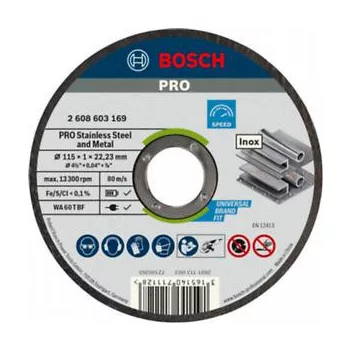   BOSCH 2608603169 Rapido egyenes WA 60 T BF, PRO Stainless Steel and Metal, vékony vágótárcsa kis sarokcsiszolóhoz, 115 mm, 22,23 mm, 1,0 mm