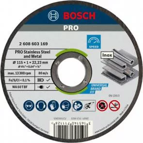 BOSCH 2608603169 Rapido egyenes WA 60 T BF, PRO Stainless Steel and Metal, vékony vágótárcsa kis sarokcsiszolóhoz, 115 mm, 22,23 mm, 1,0 mm