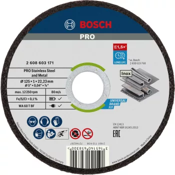   BOSCH 2608603171 PRO Stainless Steel and Metal, vékony vágótárcsa kis sarokcsiszolóhoz, WA 60 T BF Rapido egyenes WA 60 T BF, 125 mm, 22,23 mm, 1,0 mm